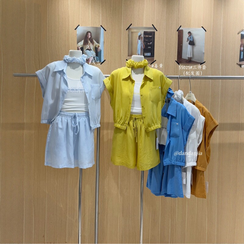 时尚小个子韩版宽松休闲套装女夏季衬衫+字母背心+阔腿短裤三件套