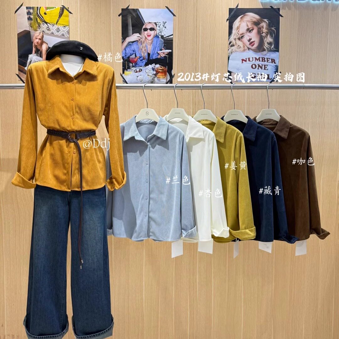 复古港风灯芯绒衬衫女秋季长袖翻领宽松显瘦百搭上衣