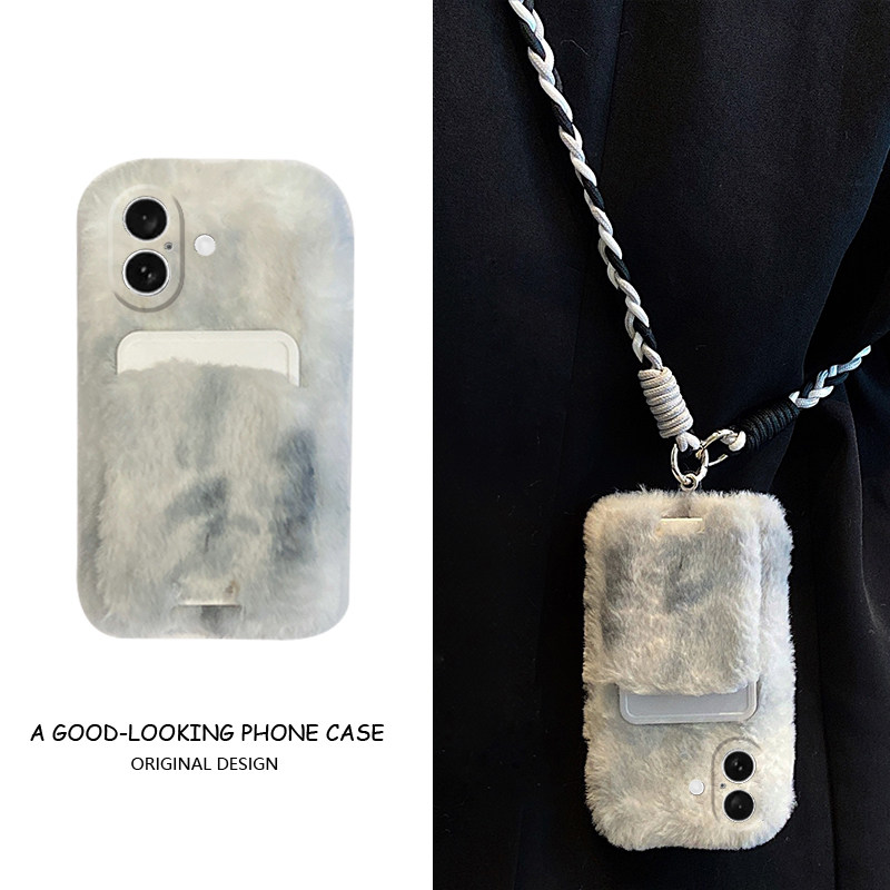 粉色晕染适用苹果iPhone16promax手机壳15plus卡包14卡套13mini迷你1211斜挎xr8毛绒7xsmax6硅胶5s/se3可背带