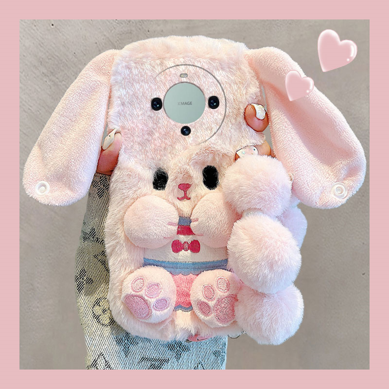 粉色兔子适用华为mate60pro手机壳mata50e立体rs保时捷设计mete40e+十meta30耳朵20x卡通10硅胶毛绒绒秋冬季p