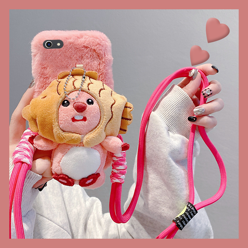 毛茸茸毛绒绒立体斜挎背夹海狸手机壳