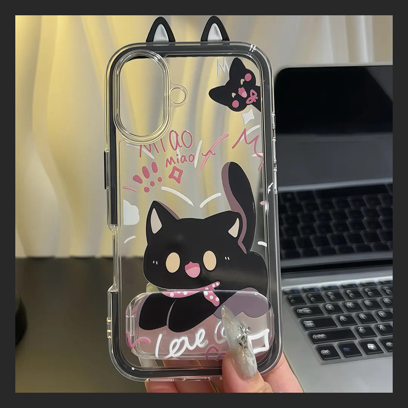 黑色猫咪适用vivoy200t手机壳y100i立体yy78+镜子y77e支架y76s卡通y37耳朵y53s可爱y52s十y31s趣味y35/y33s软