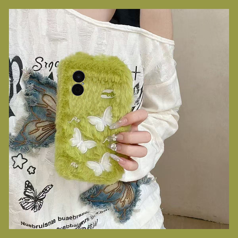 ins风绿色蝴蝶适用华为畅享70pro手机壳60x刺绣优畅享50plus保暖20se秋冬0e畅想z毛绒9e毛茸茸5g麦芒9/2冬天p