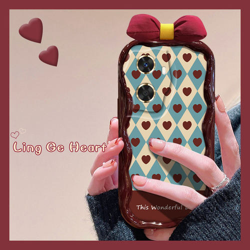 新年龙年酒红色爱心格子蝴蝶结手机壳