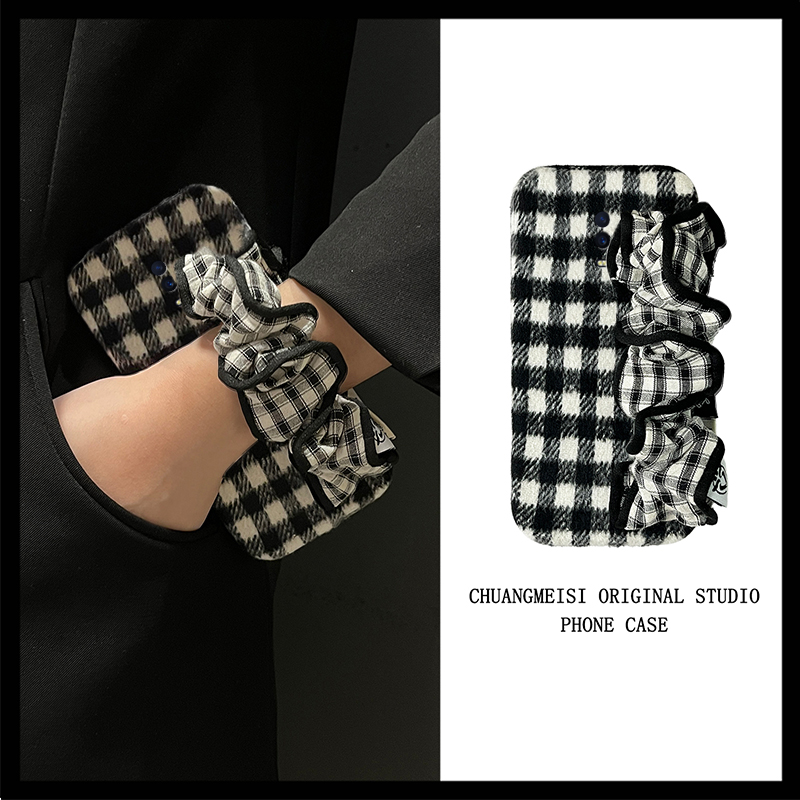 棋盘格褶皱腕带适用oppor17pro手机壳r15x梦境版r11splus斜挎r9s可背r7plus秋冬季r17毛绒oppo毛茸茸0pp0简约