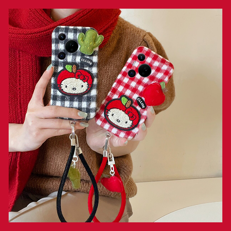 拼色格子苹果kt猫适用华为pura80pro+手机壳pura70ultra仙人掌p60art绒布40por+十p30秋冬p20毛绒p10plus保暖