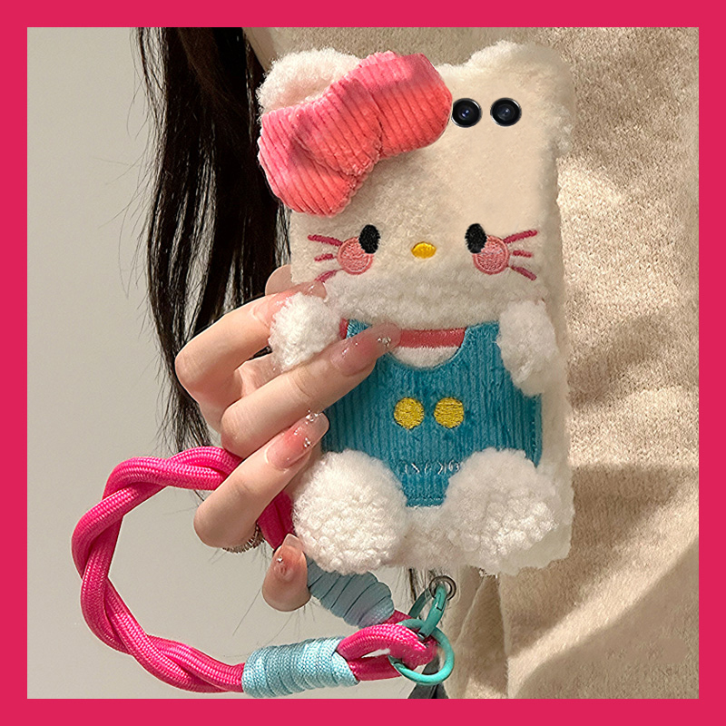 蝴蝶结凯蒂猫适用三星zflip7fe手机壳zfold6尼龙绳zflip5毛绒w23flip秋冬季3折叠屏zfold2硬壳w22/w21/galaxy