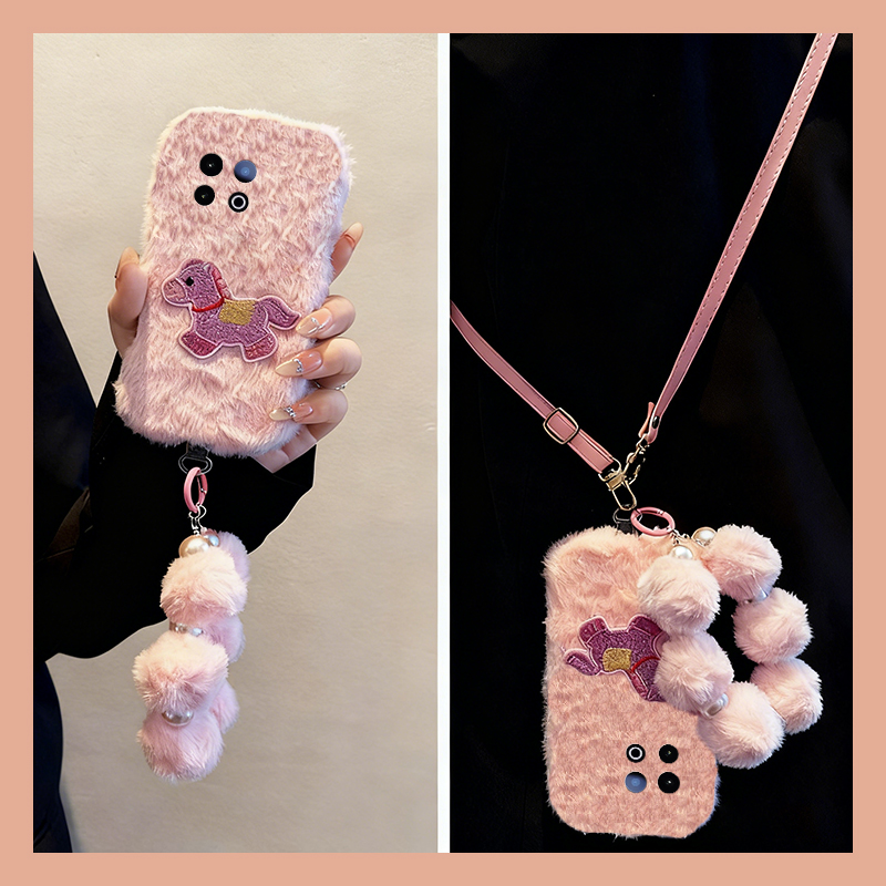 可爱刺绣马适用vivoiqooz10x手机壳iqooz9turbo斜挎z8x可背带z7i秋冬季z6x毛绒z5卡通u5x爱酷u3x挂链iq00/viv