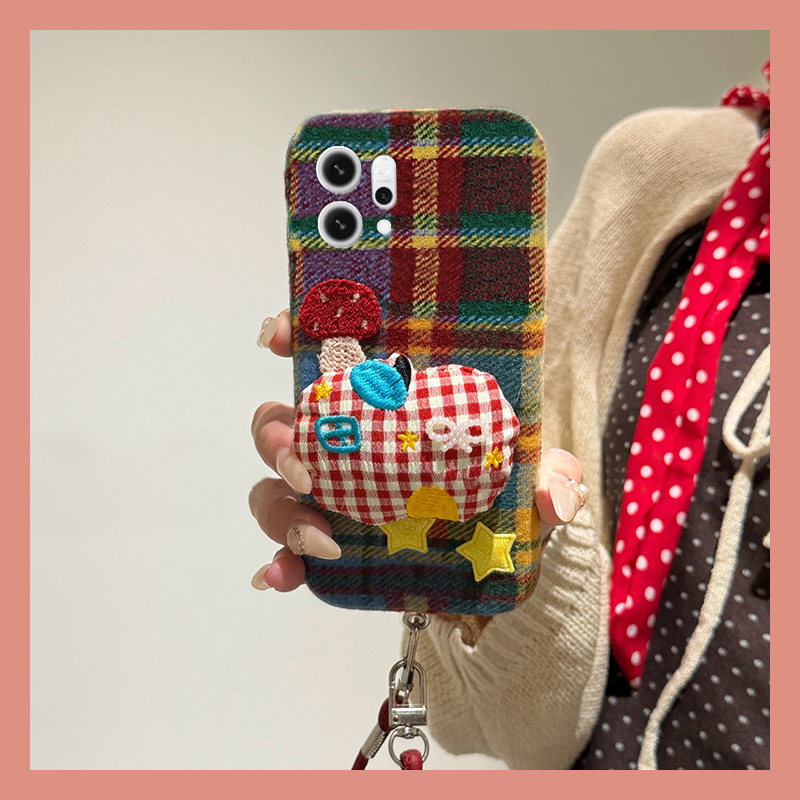 ins风彩色格子蘑菇适用opporeno14手机壳reon13绒布12pro立体11秋冬季10por+十9毛绒7se毛茸茸5k卡通4se/oppo