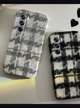 韩系千鸟格适用opporeno12pro手机壳reno11绒布reon10+十9小众8日韩7se毛毛6毛绒绒5k硅胶4se软壳3秋冬季oppo