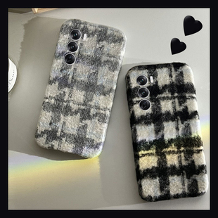 韩系千鸟格适用opporeno12pro手机壳reno11绒布reon10+十9小众8日韩7se毛毛6毛绒绒5k硅胶4se软壳3秋冬季oppo