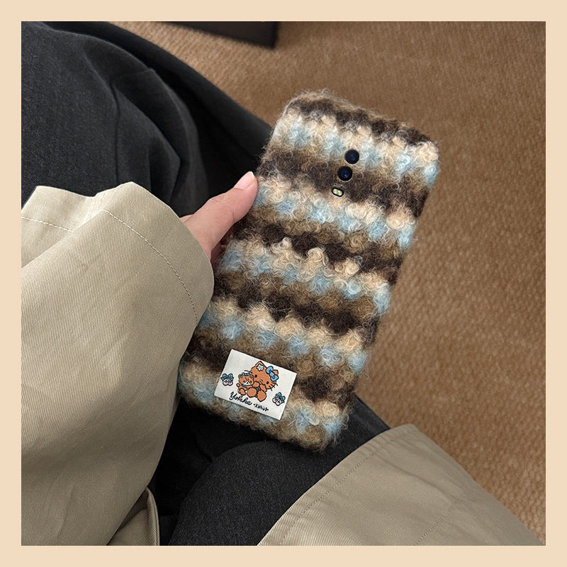 蓝棕条纹kt猫贴纸适用oppor17pro手机壳r15x梦境版r11splus绒布r9s卡通r7plus秋冬季r17毛绒oppo毛茸茸0pp0软