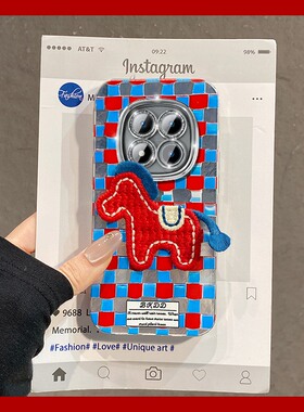 拼色格子刺绣小马适用小米红米note15pro+手机壳noto14挂链13r新年12turbo卡通11马年10/9/14c十turbo4/redmi