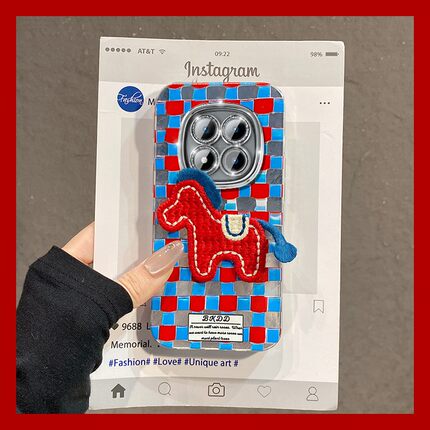 拼色格子刺绣小马适用小米红米note15pro+手机壳noto14挂链13r新年12turbo卡通11马年10/9/14c十turbo4/redmi