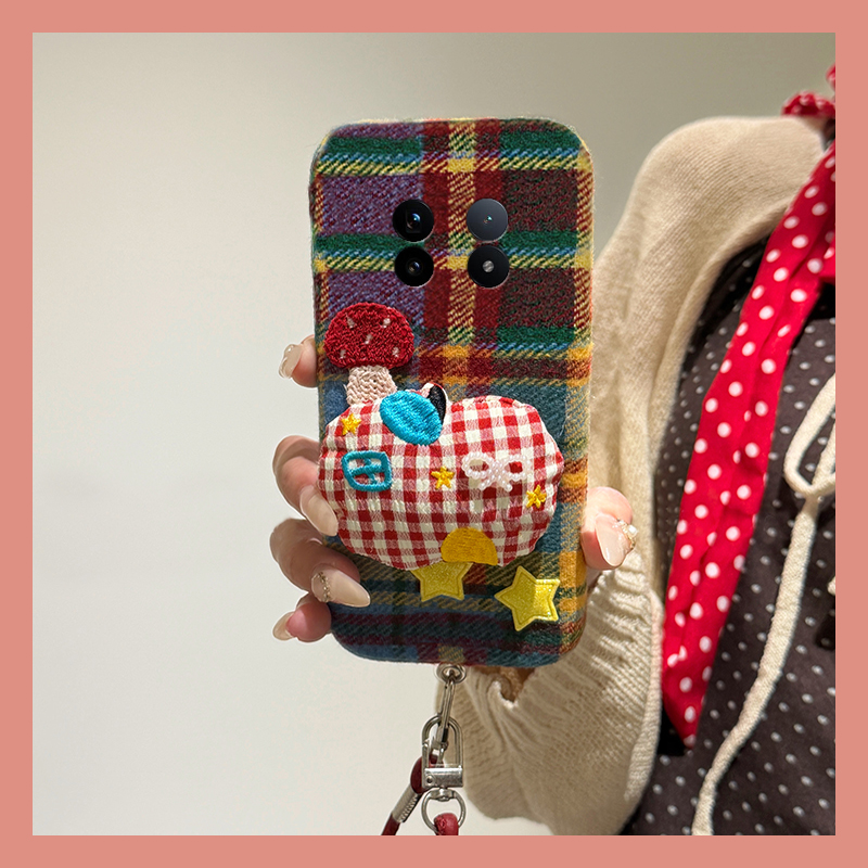 ins风彩色格子蘑菇适用vivoxfold3pro手机壳xfold2绒布xflip立体vivo秋冬季vovo折叠屏毛茸茸vivi毛绒+十卡通