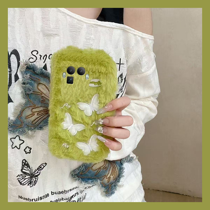 ins风绿色蝴蝶适用oppo真我gt8手机壳13pro至尊版12por+毛绒11秋冬gt7刺绣gtneo6se冬天neo5十v25/v15/q5/q3s