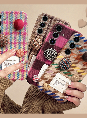 格子格纹适用三星s24plus手机壳s23+十s22日韩s21fe立体s20ultra复古s10日韩s9毛绒绒s8硅胶note20galaxy秋冬