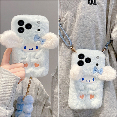 蝴蝶结玉桂狗适用苹果17promax手机壳华为pura80荣耀400pro小米15斜挎vivos30毛茸茸opporeno14秋冬季x200软p