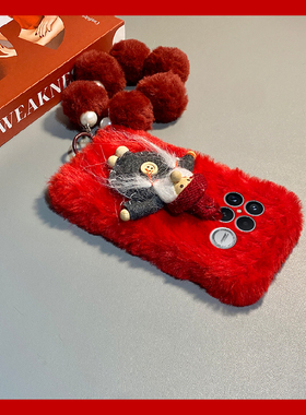 红色圣诞老人适用小米红米k90promax手机壳k80毛绒k70pro秋冬k60e至尊版k50毛球turbo4卡通3/k40s/k30i/12x软