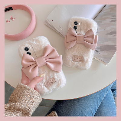 ins风立体蝴蝶结适用opporeno13手机壳reno12pro毛茸茸reon11日韩10por+毛绒绒十个性0ppo简约oppo绒毛硅胶女