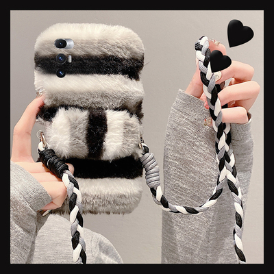 ins风拼色条纹适用小米mixfold4手机壳mixfold3背夹mixfold2折叠屏mixflip斜挎mi秋冬季毛绒毛茸茸撞色可背带