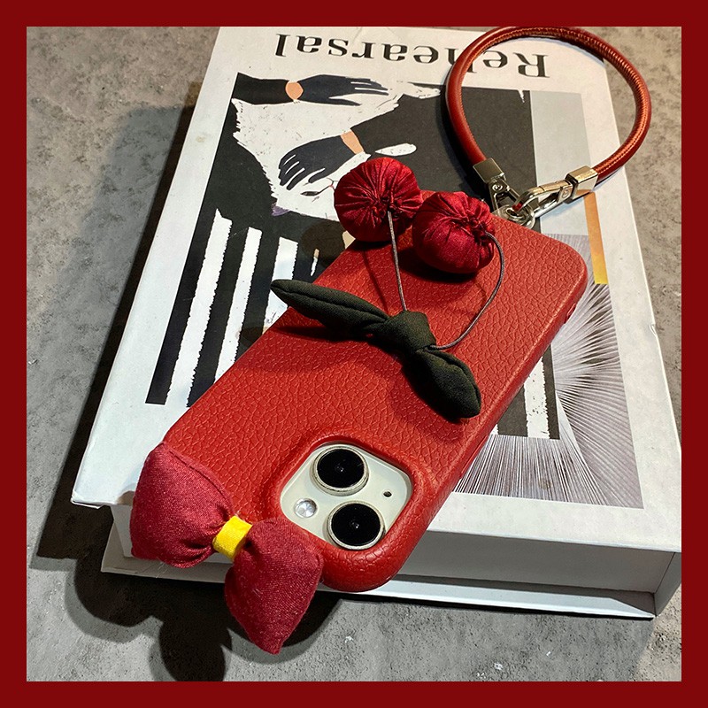 手机壳仿皮皮纹新年红色ins风立