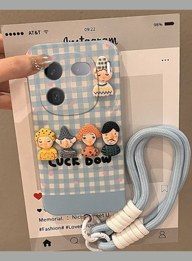 蓝色格子适用vivoiqoo12pro手机壳iqoo11s立体10小人9挂绳8可爱7卡通5硅胶3por手提iq00软壳vivo爱酷液态新款