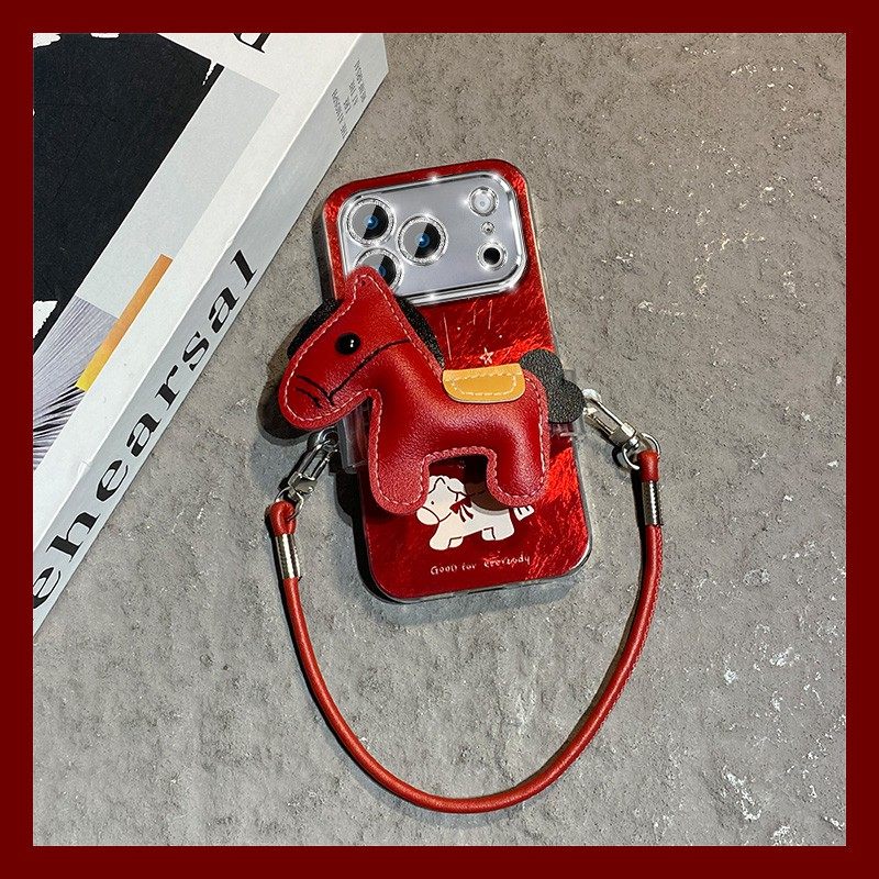 2026皮质背夹小马适用苹果17手机壳iphone16e挂绳15promax新年14plus卡通13冰川纹12马年11软xsmax/xr8/7/se2