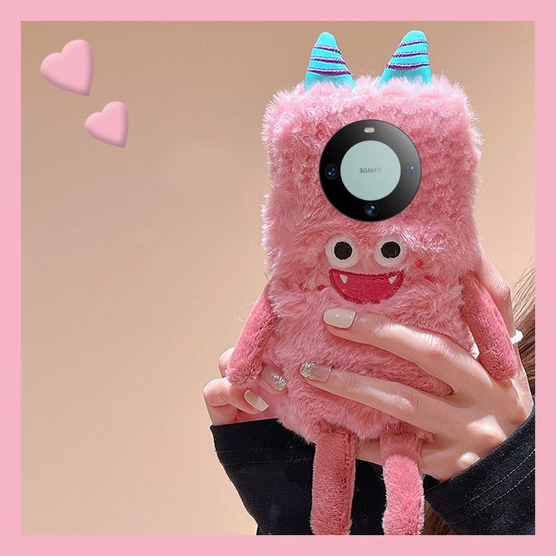 毛绒绒粉色小怪兽适用华为mate60pro手机壳50e毛茸茸40e卡通30epro可爱rs保时捷5g+十个性por秋冬季mt超萌m60