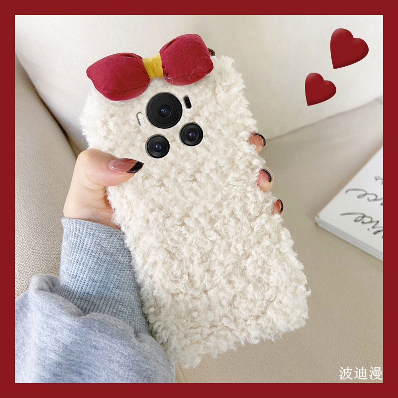 韩系简约纯色适用华为荣耀magic7手机壳play8tpro立体play7t蝴蝶结6t秋冬5t毛绒mgaic6pro至臻版majic5/honor