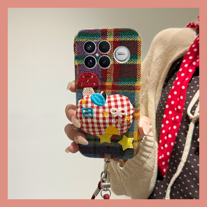 ins风彩色格子蘑菇适用小米红米k90promax手机壳k80绒布k70pro秋冬k60e至尊版k50毛绒turbo4/3/k40s/k30i/12x