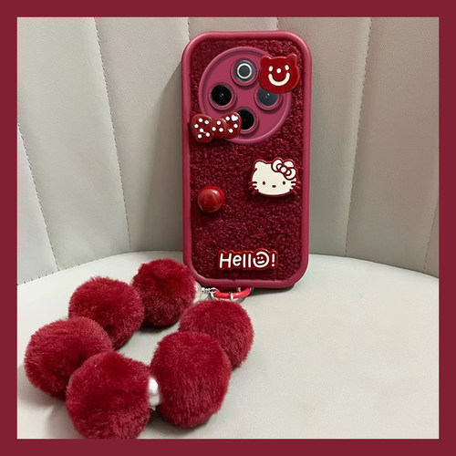 红色kt猫适用vivoy300pro手机壳y200i新年y100毛球y37挂链y93s立体y78+毛绒y53s手提y77e可爱vivi硅胶卡通女p