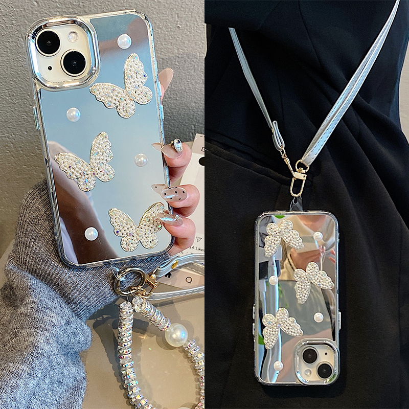 珍珠蝴蝶镜子适用oppofindx8pro手机壳fondx7ultra立体真我v60por镜面neo7斜挎v60s可背k12x日韩k11硅胶oppo