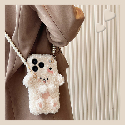 吐舌小狗适用苹果17air手机壳iphone16promax珍珠15plus斜挎14可背带13mini迷你12毛绒11秋冬季xr8/7xsmax6软