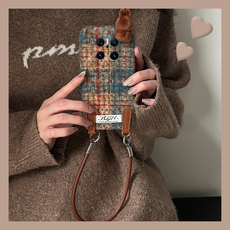 绒布拼色格纹适用华为mate70手机壳meta70pro+立体70air趴趴por拉布布十硅胶huawei毛茸茸全包防摔挂绳秋冬季