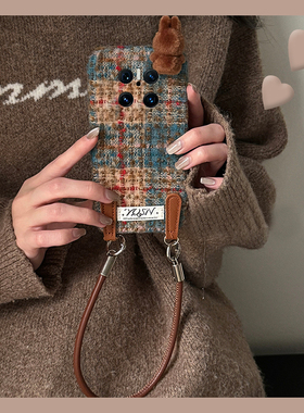 绒布拼色格纹适用华为mate70手机壳meta70pro+立体70air趴趴por拉布布十硅胶huawei毛茸茸全包防摔挂绳秋冬季