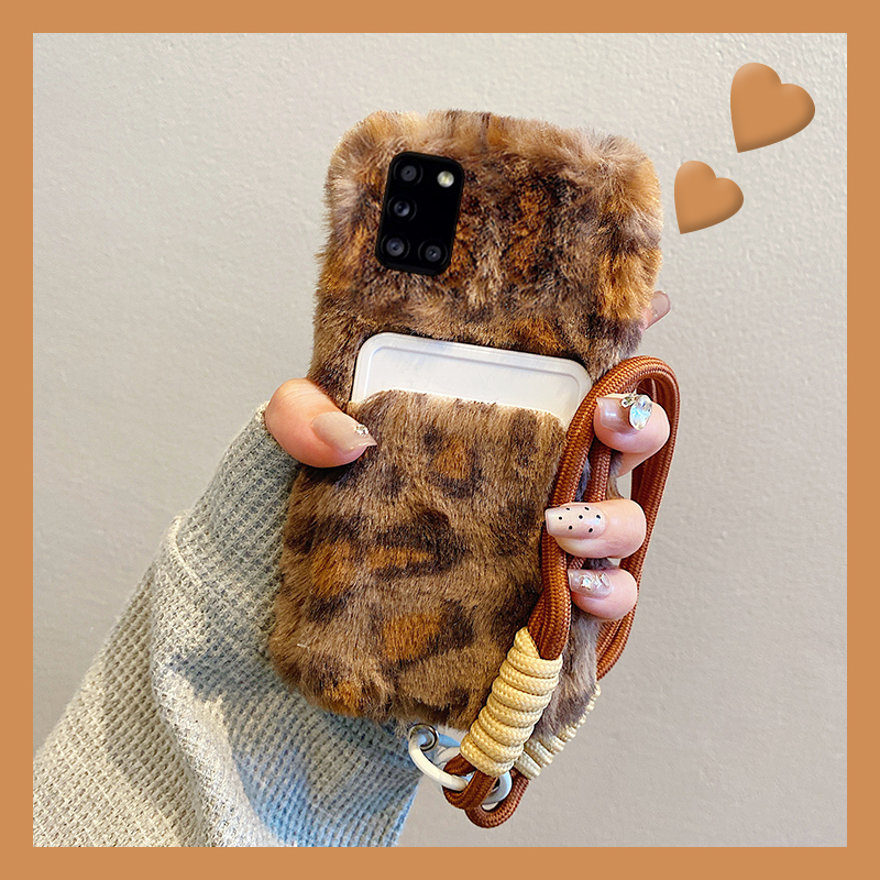 棕色豹纹适用三星a90手机壳a80卡包a70s卡套a50挂绳a30立体a20秋冬季a10硅胶a52毛绒绒a8s手提galaxy/a53/f52
