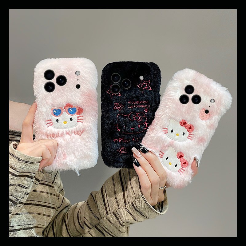 刺绣可爱kt猫适用苹果17promax手机壳华为pura80荣耀400pro小米15卡通vivos30毛绒opporeno14秋冬季x300保暖p