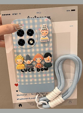 蓝色格子适用oppo一加Ace3手机壳oneplus12立体2pro小人2v挂绳11可爱9rt卡通10硅胶8t手提7tpro液态1+新款女p