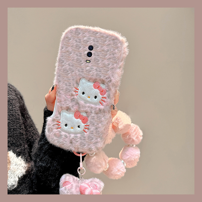 豹纹刺绣凯蒂猫适用oppor17pro手机壳r15x梦境版r11splus挂件r9s挂链r7plus秋冬季r17毛绒oppo毛茸茸0pp0卡通