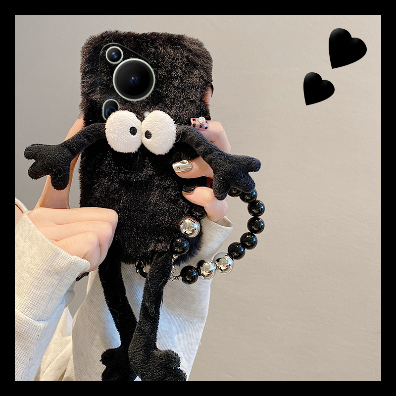 黑色煤球适用华为pura70pro手机壳p60art立体p50e卡通p40por+十p30挂链p20毛毛p10plus秋冬季p9硅胶毛绒绒女p