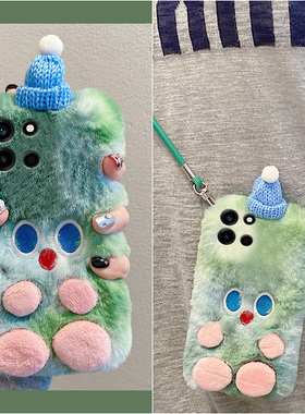 晕染绿色怪兽适用oppo一加turbo6手机壳turbo6v斜挎六可背带1+onsplus秋冬季毛绒硅胶卡通毛茸茸挂绳斜跨手提