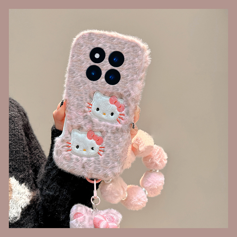 豹纹刺绣凯蒂猫适用小米红米note15pro+手机壳noto14挂件13挂链12turbo+秋冬季11t毛绒10毛茸茸9卡通8软7por