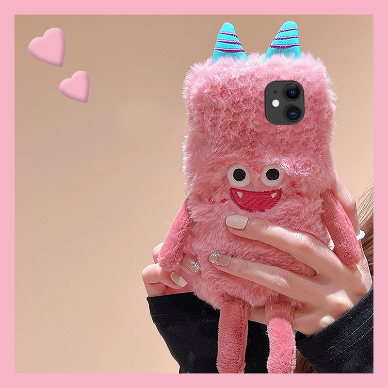 毛绒绒粉色小怪兽适用苹果iphone11promax手机壳12mini迷你毛茸茸por卡通pm可爱ihone个性简约超萌秋冬季毛毛