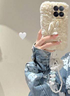 ins风兔子适用小米14pro手机壳13ultra可爱12spro手链12x秋冬11青春版10mix4硅胶9a/mi8se/civi4/3/2/1s毛绒p