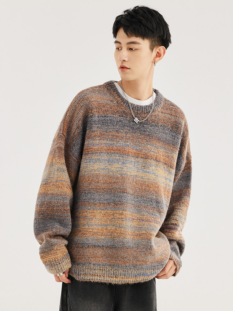WASSUPWAKE AMERICAN VINTAGE SWEATER MENS AUTUMN AND WINTER NEW GRADIENT STRIPE MENS LOOSE CREW NECK KNIT
