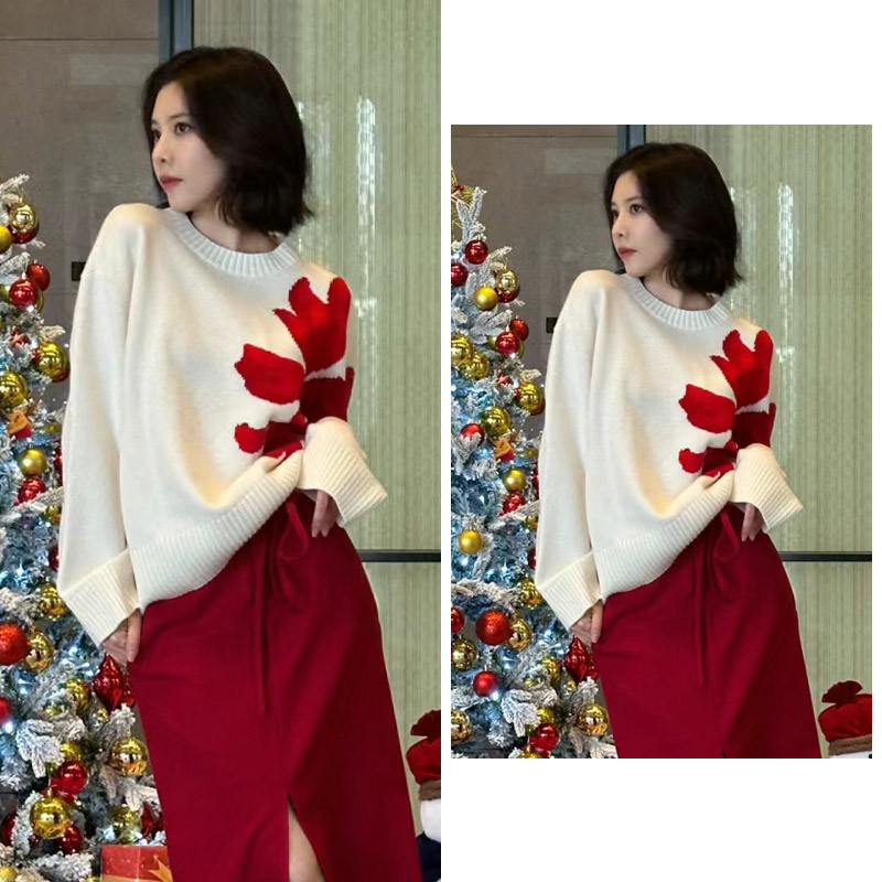 米白色圆领针织衫女套头毛衣上衣