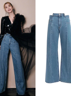 杨丞琳明星同款不规则高腰阔腿牛仔裤女设计感凸腰长裤直筒裤子潮