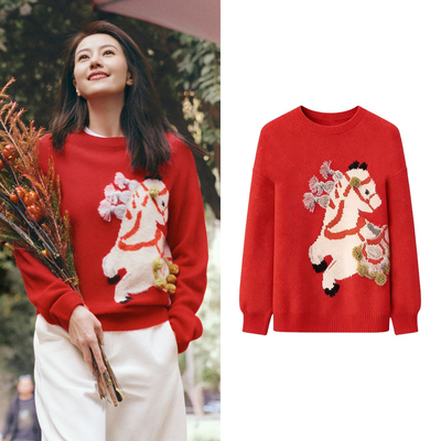 红色小马毛衣针织衫圆领套头上衣