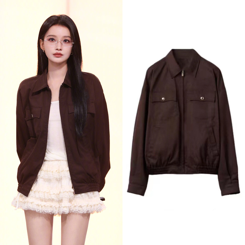 孙怡明星同款咖色翻领工装外套女复古廓形夹克美式中性机车上衣秋
